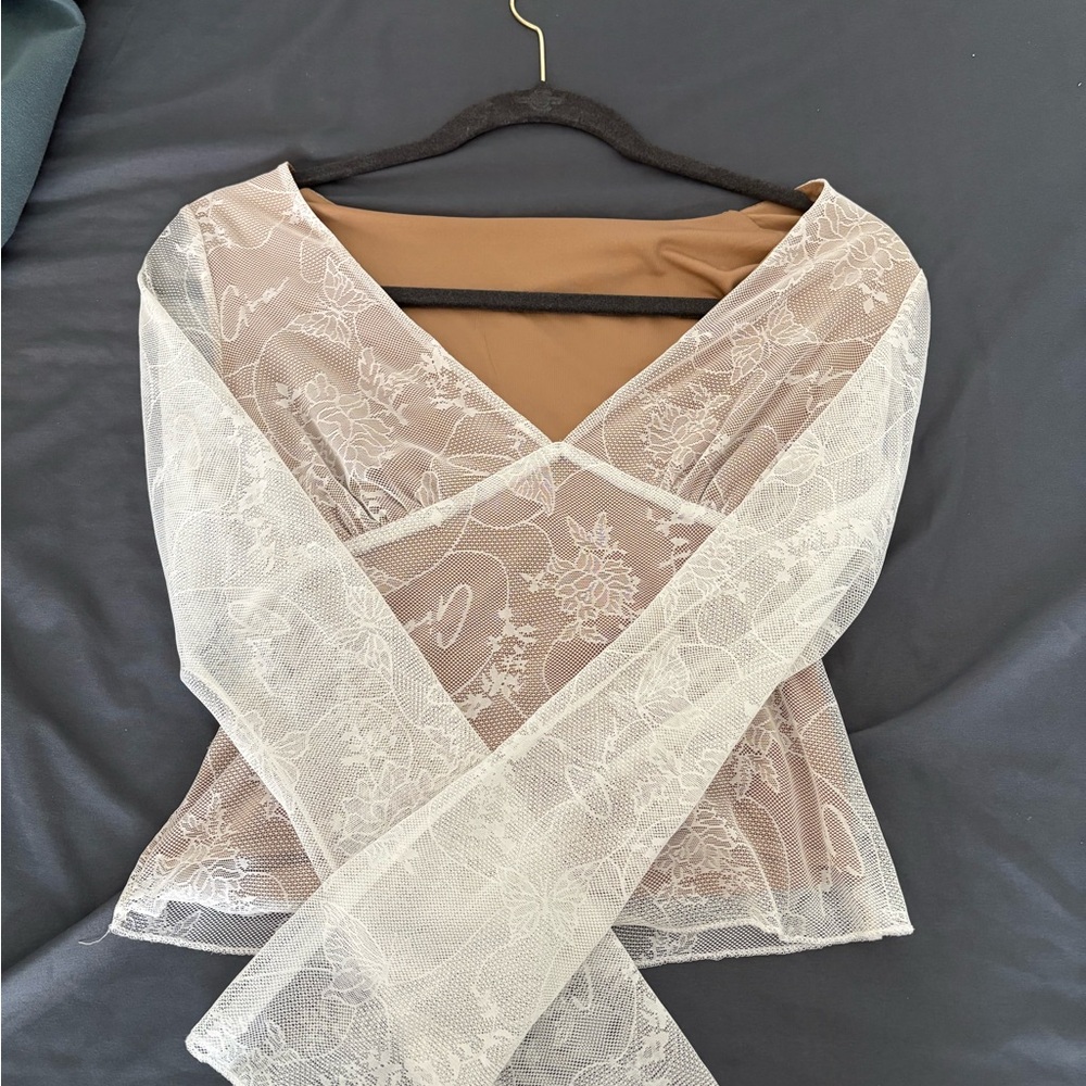 SHEIN White Lace Blouse with Tan Underlay
